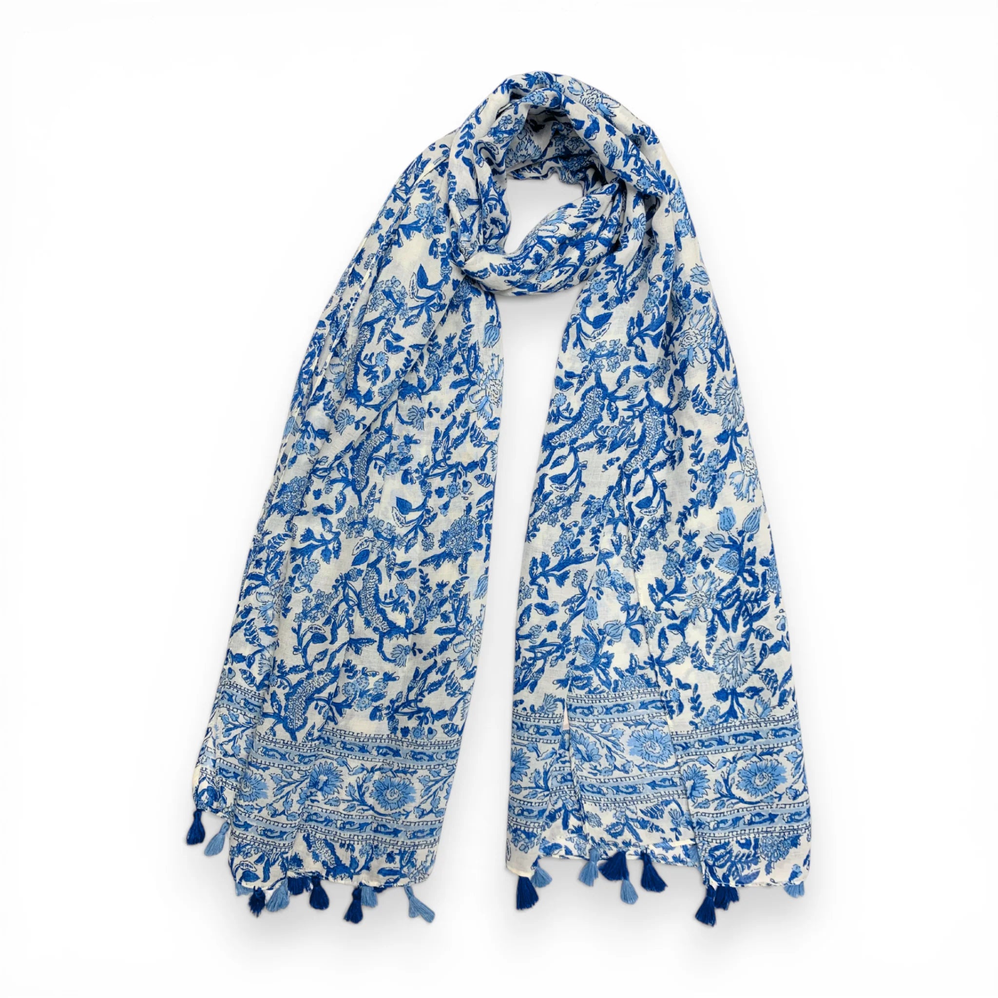 Precious Blue V-Flower Tassels Scarf