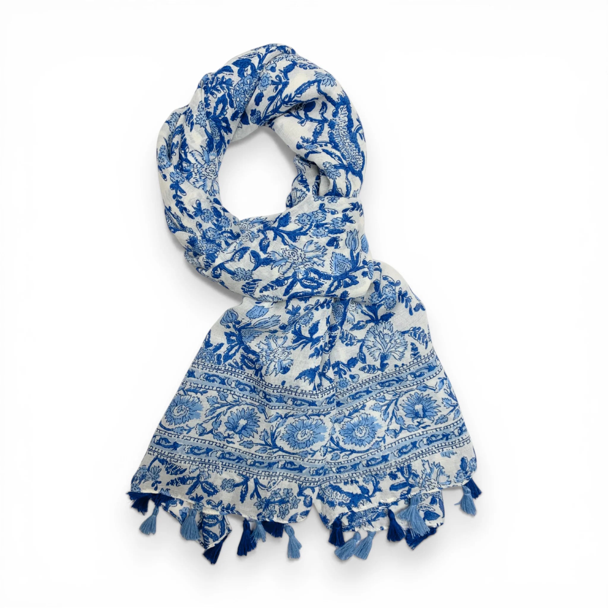 Precious Blue V-Flower Tassels Scarf