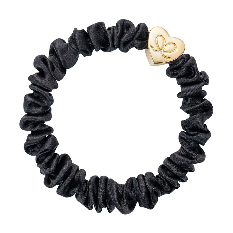 By Eloise Gold Heart Skinny Silk Scrunchie Black