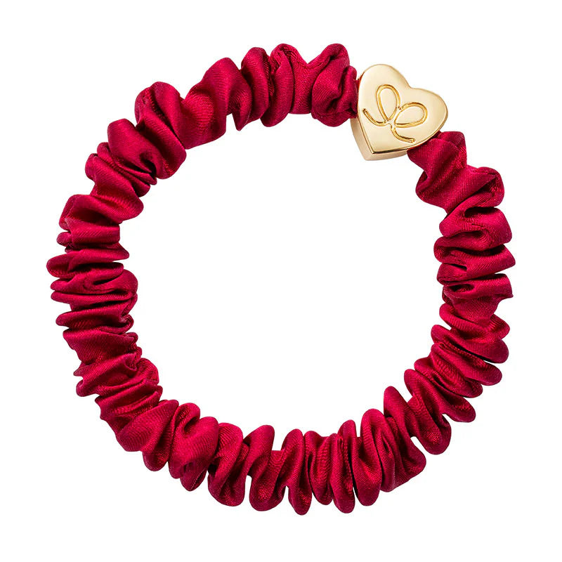 By Eloise Gold Heart Skinny Silk Scrunchie Burgundy