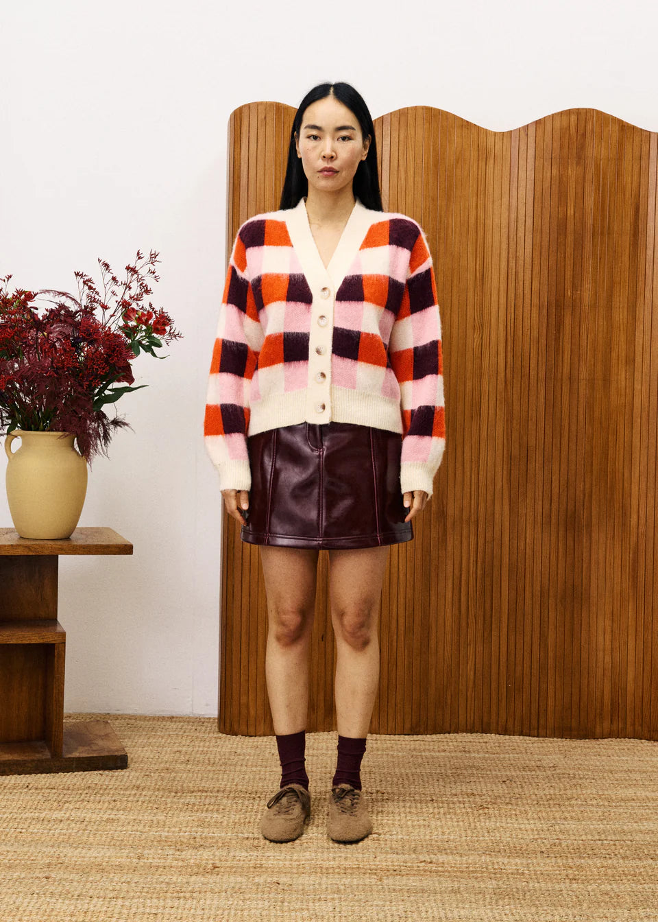 FRNCH Viola Pink Checker Cardigan