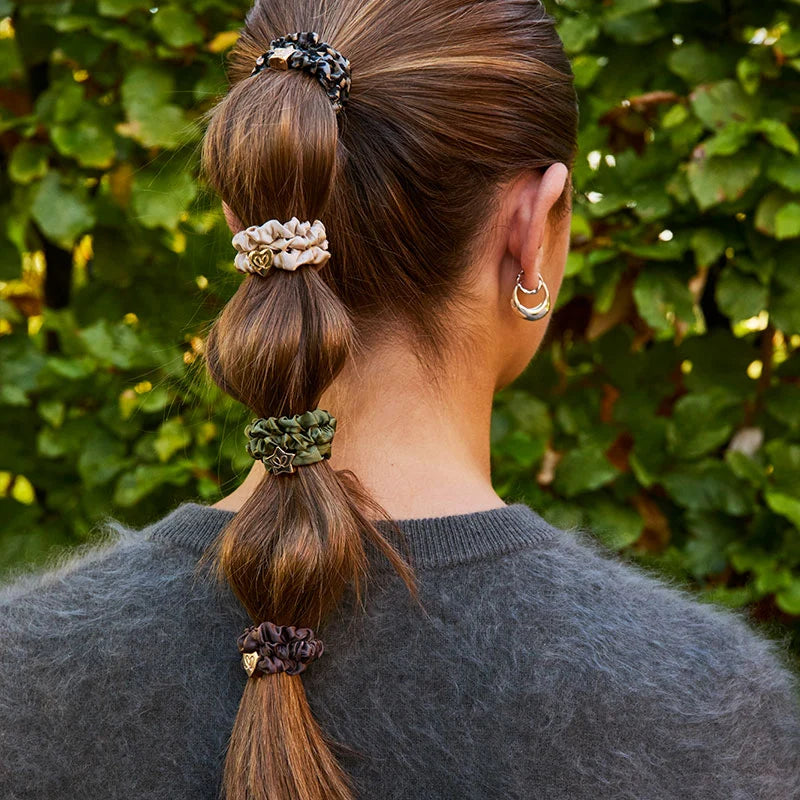 By Eloise Gold Heart Skinny Silk Scrunchie Mocha