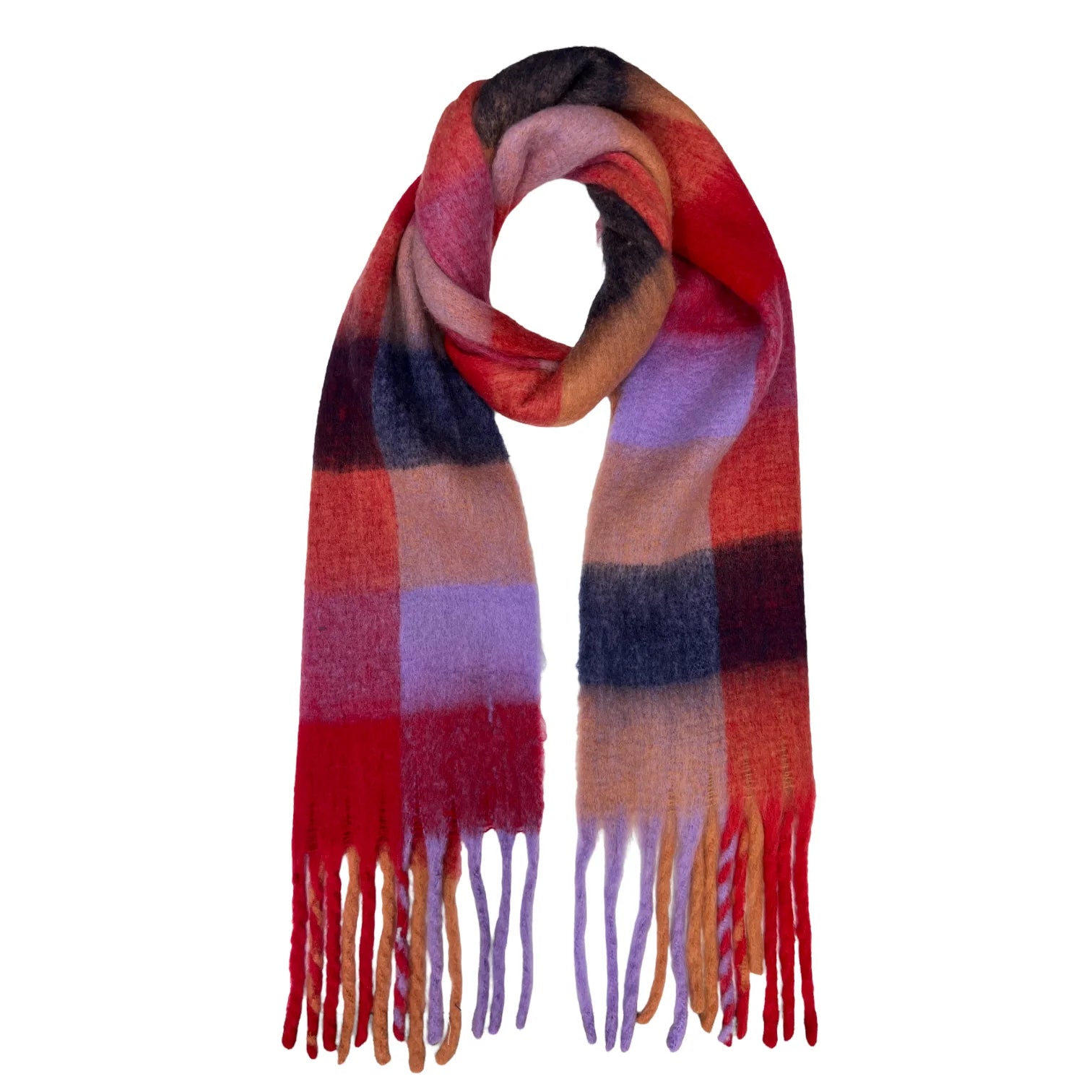 Fluffy Check Blanket Fringed Scarf in Berry