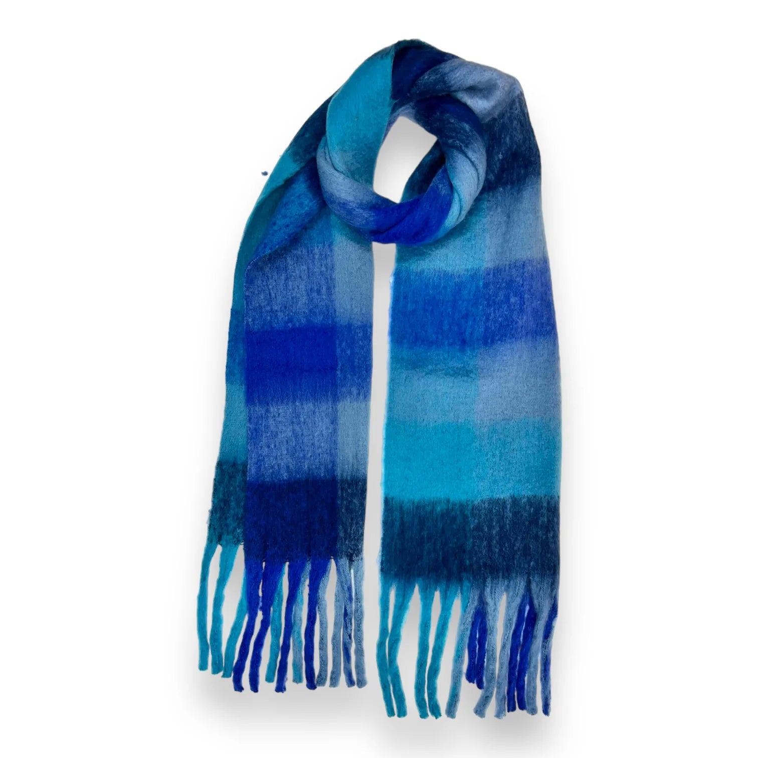Fluffy Check Blanket Fringed Scarf in Aqua