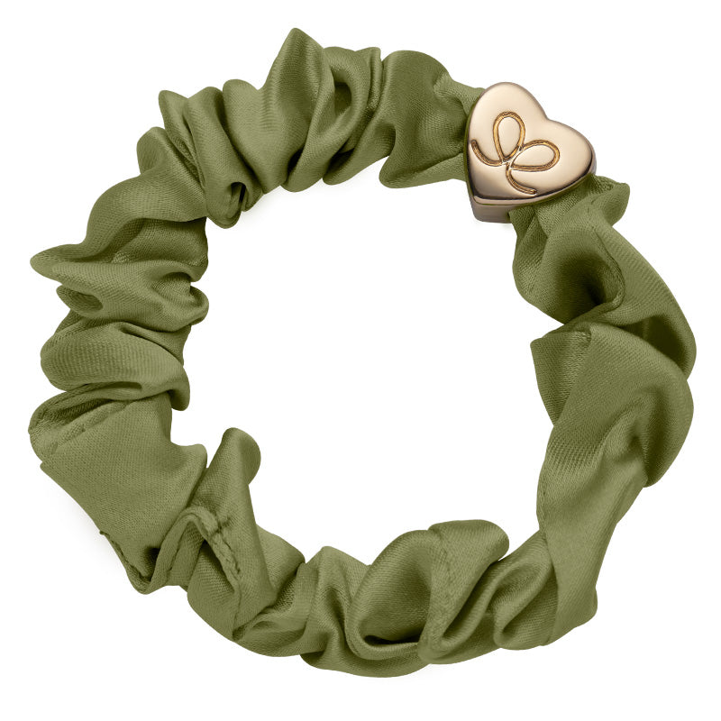 By Eloise Gold Heart Silk Scrunchie Olive Green