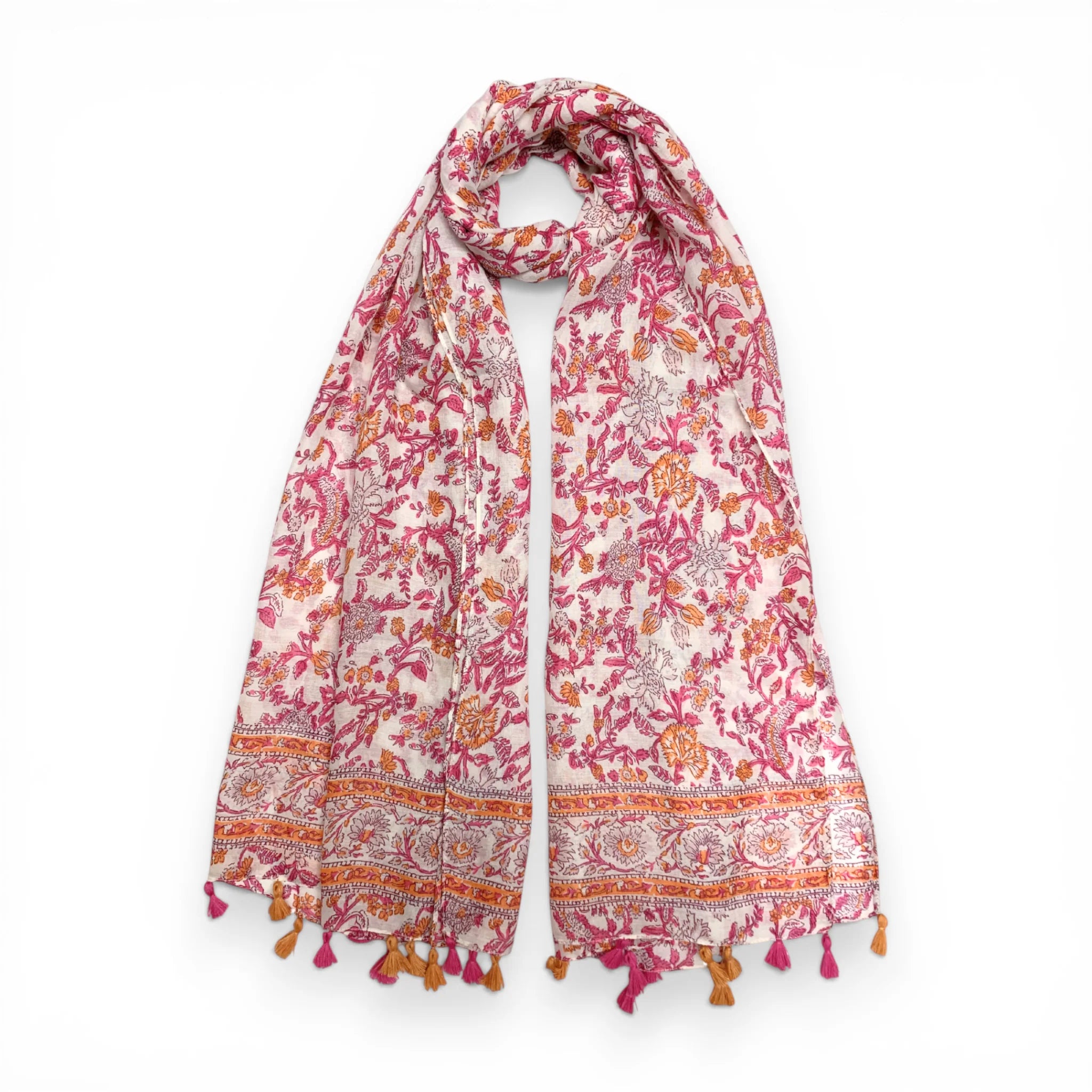 Precious Pink V-Flower Tassels Scarf