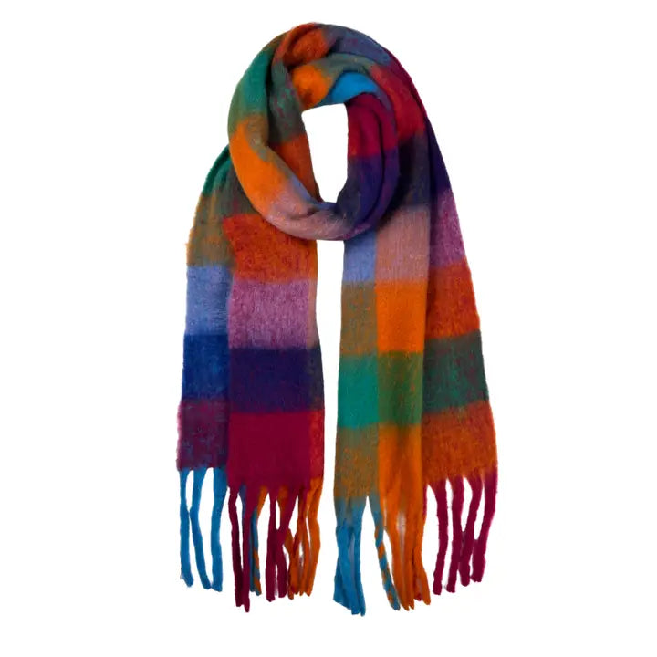 Fluffy Checked Blanket Fringed Scarf