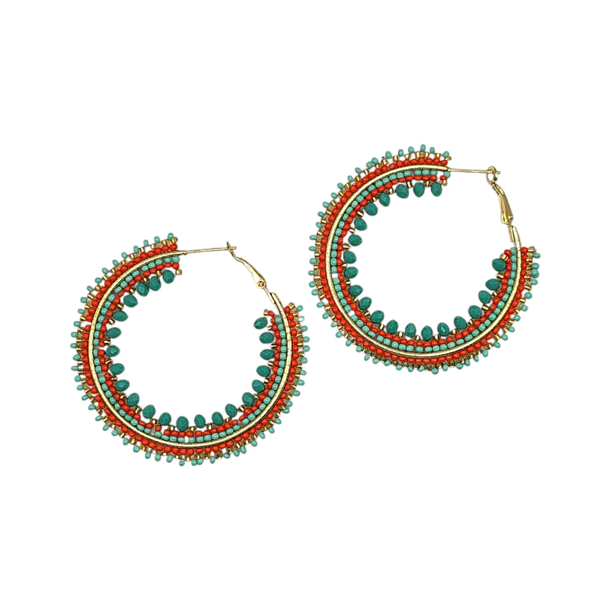 Coral & Aqua Beaded Hoop Earrings