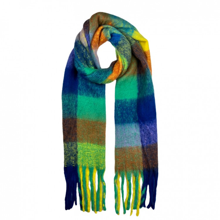 Woven Checked Blanket Fringe Scarf in Blue