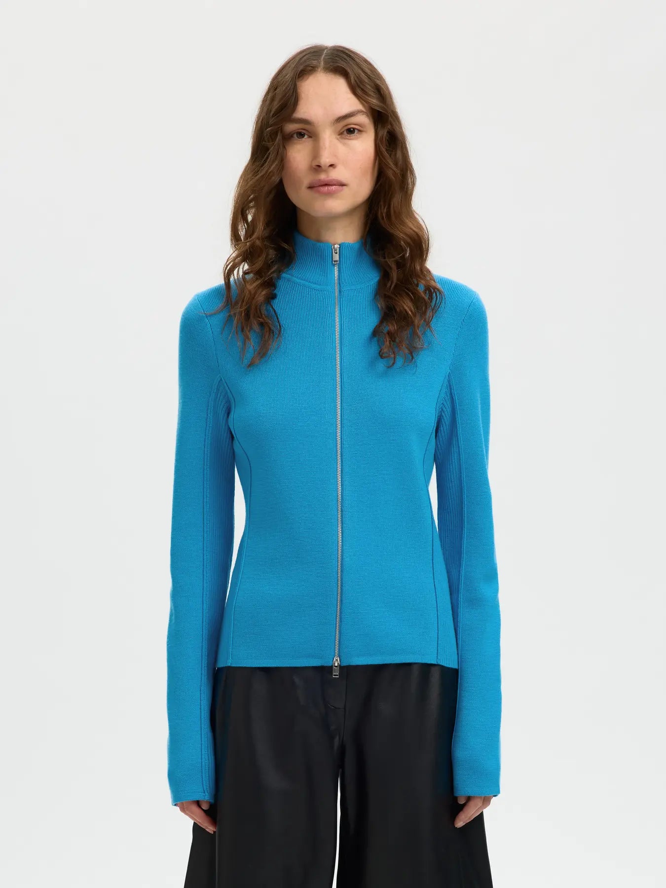 Selected Femme Thea Blue Knit Zip Cardigan