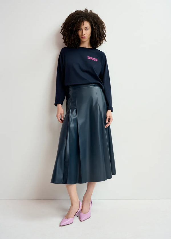 Essentiel Antwerp Geeux Navy Blue Faux Leather Midi Skirt