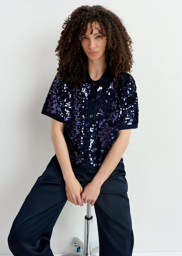 Essentiel Antwerp Glitz Sequined Polo Top in Navy Blue