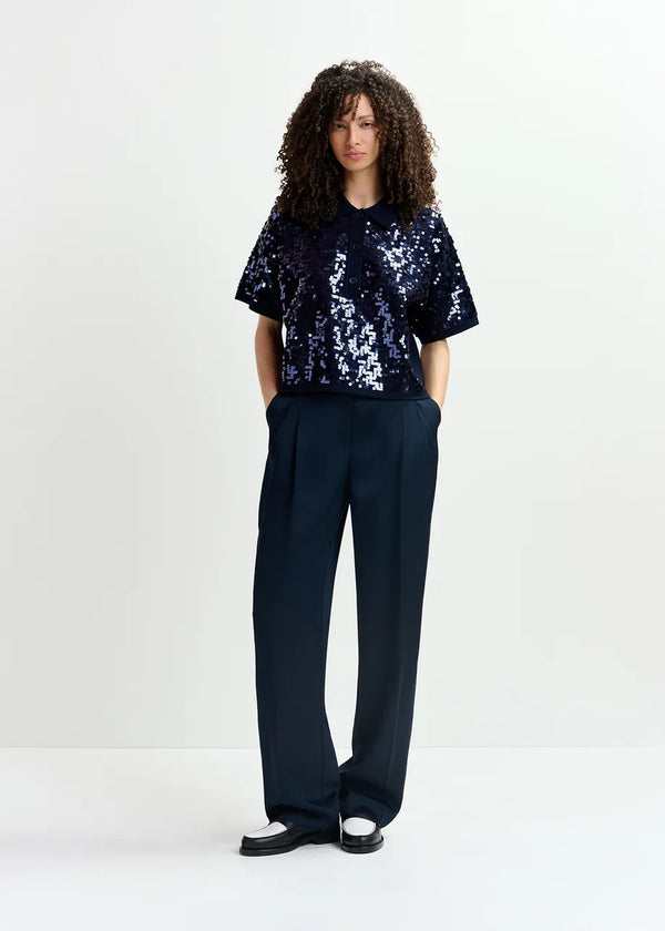 Essentiel Antwerp Glitz Sequined Polo Top in Navy Blue