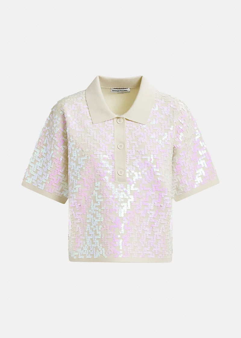 Essentiel Antwerp Glitz Sequined Polo Top in Cream