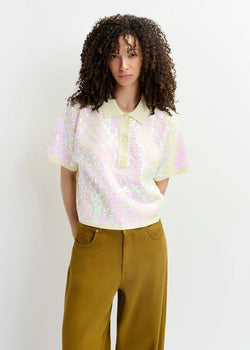 Essentiel Antwerp Glitz Sequined Polo Top in Cream