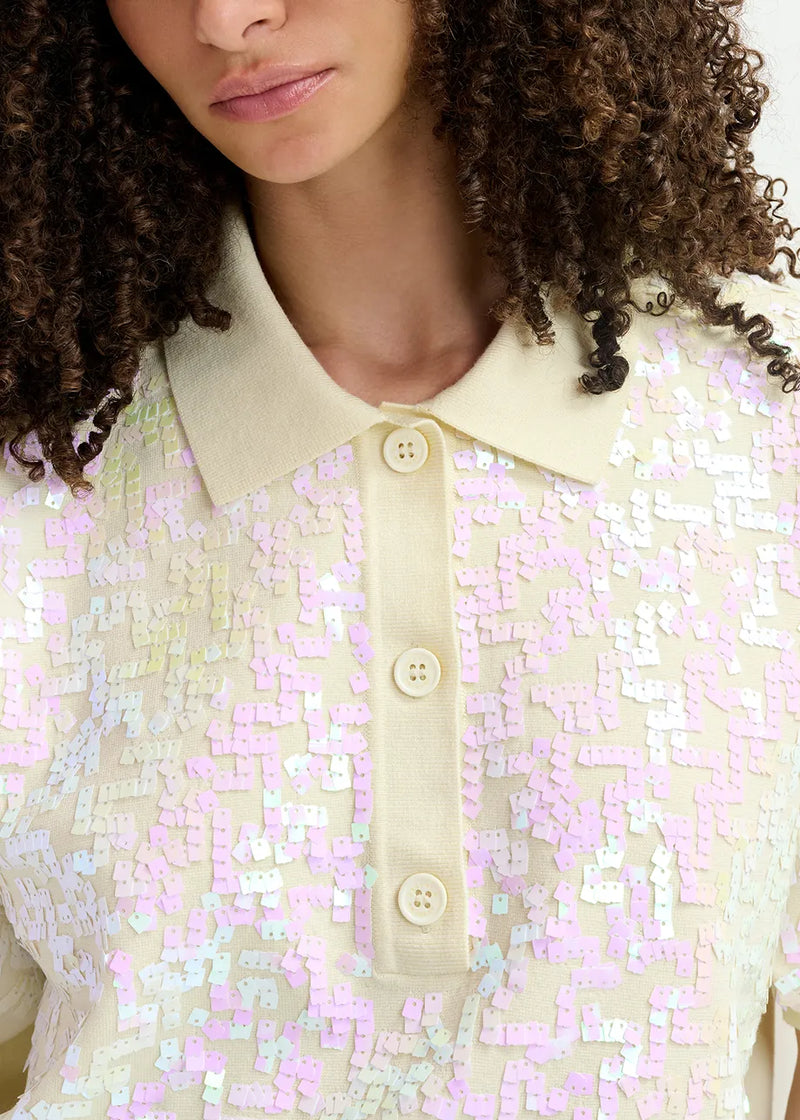 Essentiel Antwerp Glitz Sequined Polo Top in Cream