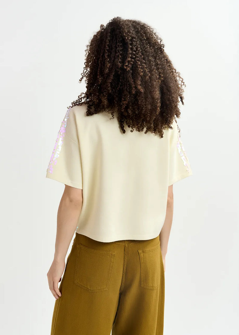 Essentiel Antwerp Glitz Sequined Polo Top in Cream