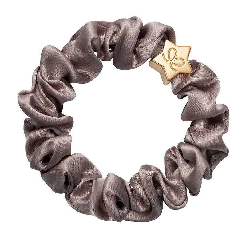 By Eloise Gold Heart Silk Scrunchie Iced Latte