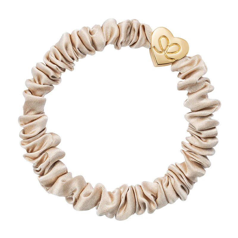 By Eloise Gold Heart Skinny Silk Scrunchie Sand