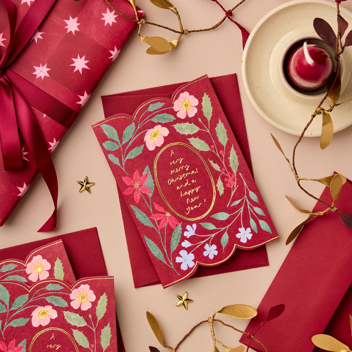 Wanderlust Red Flora 'Merry Christmas' Greetings Card