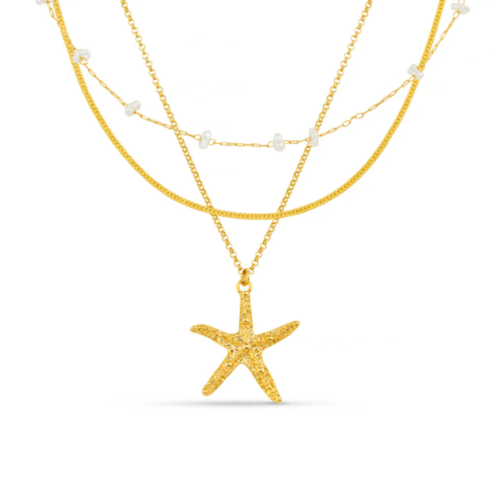 Orelia Starfish & Pearl 3-Row Necklace