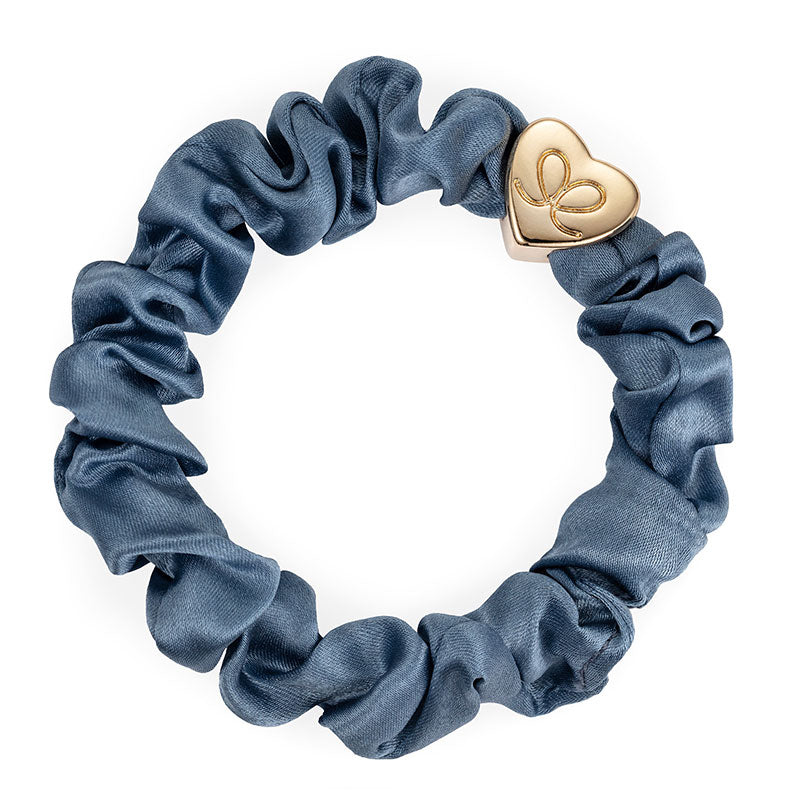 By Eloise Gold Heart Silk Scrunchie Faded Denim