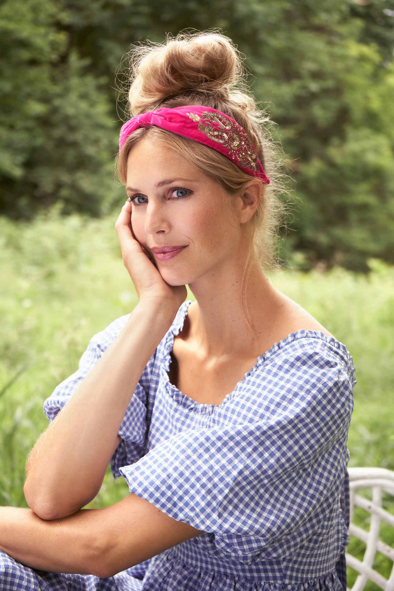 Powder Beaded Loveheart Raspberry Velvet  Headband