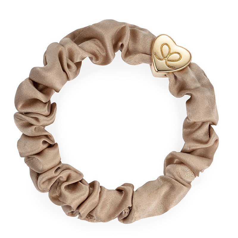 By Eloise Gold Heart Silk Scrunchie Sand 