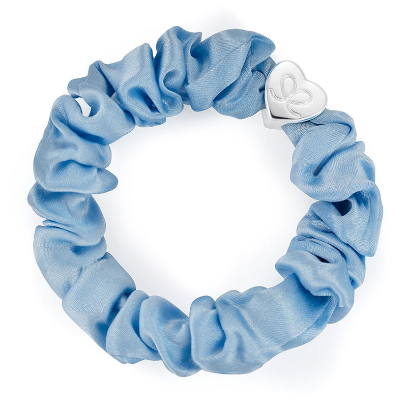 By Eloise Silver Heart Silk Scrunchie Sky Blue